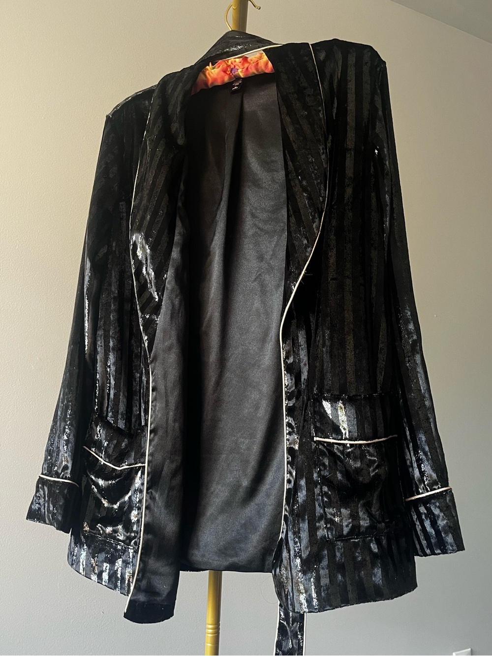 Victoria's Secret Black Velvet Stripe bed jacket/smoking jacket with Satin Trim